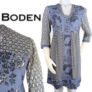 Boden Mollie Shift Minidress 8 Blue White Mixed Paisley Print V-Neck 3/4 Sleeve